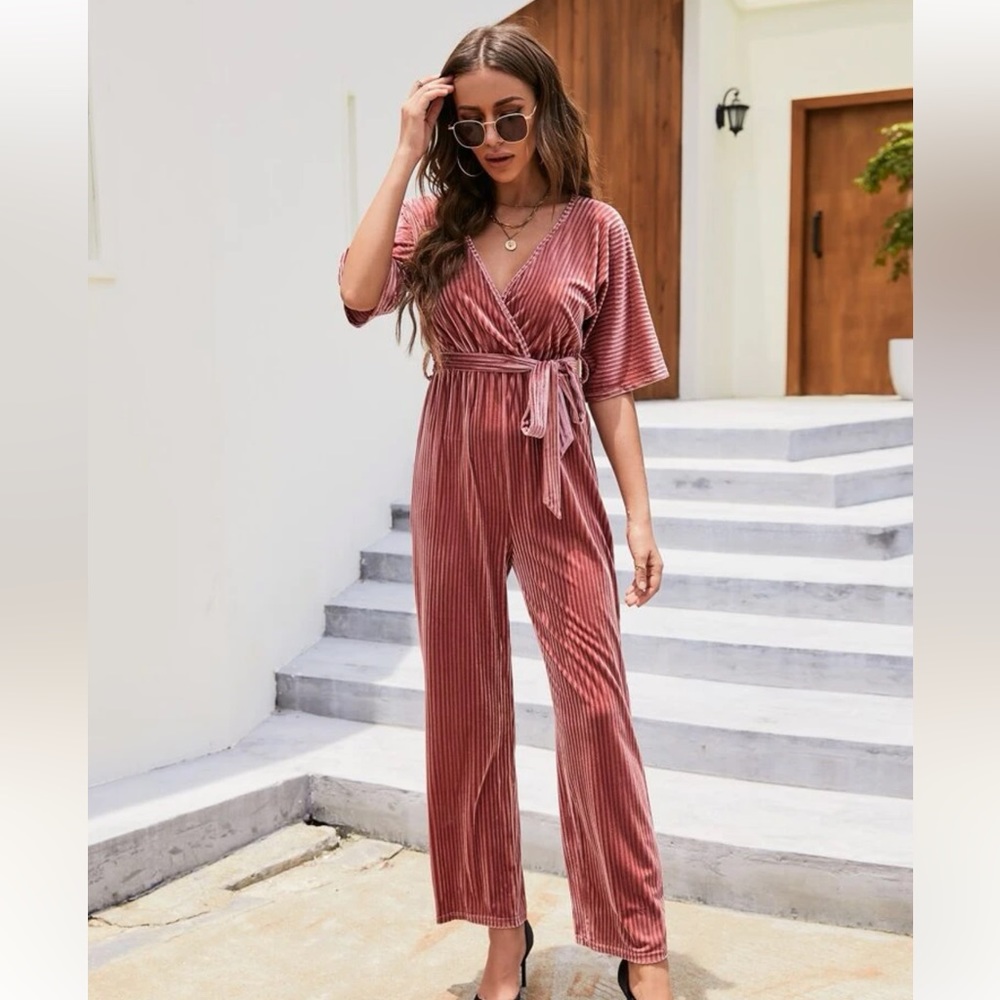 Velvet belted jumpsuit